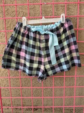 French Dressing Pastel Plaid Cotton Lounge Shorts with Light Blue Ribbon